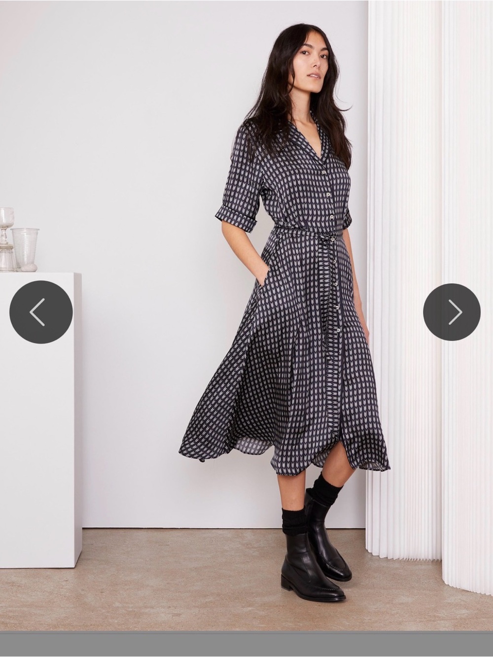 Officine generals Black Patterned Shirt Dress with Tie Waist